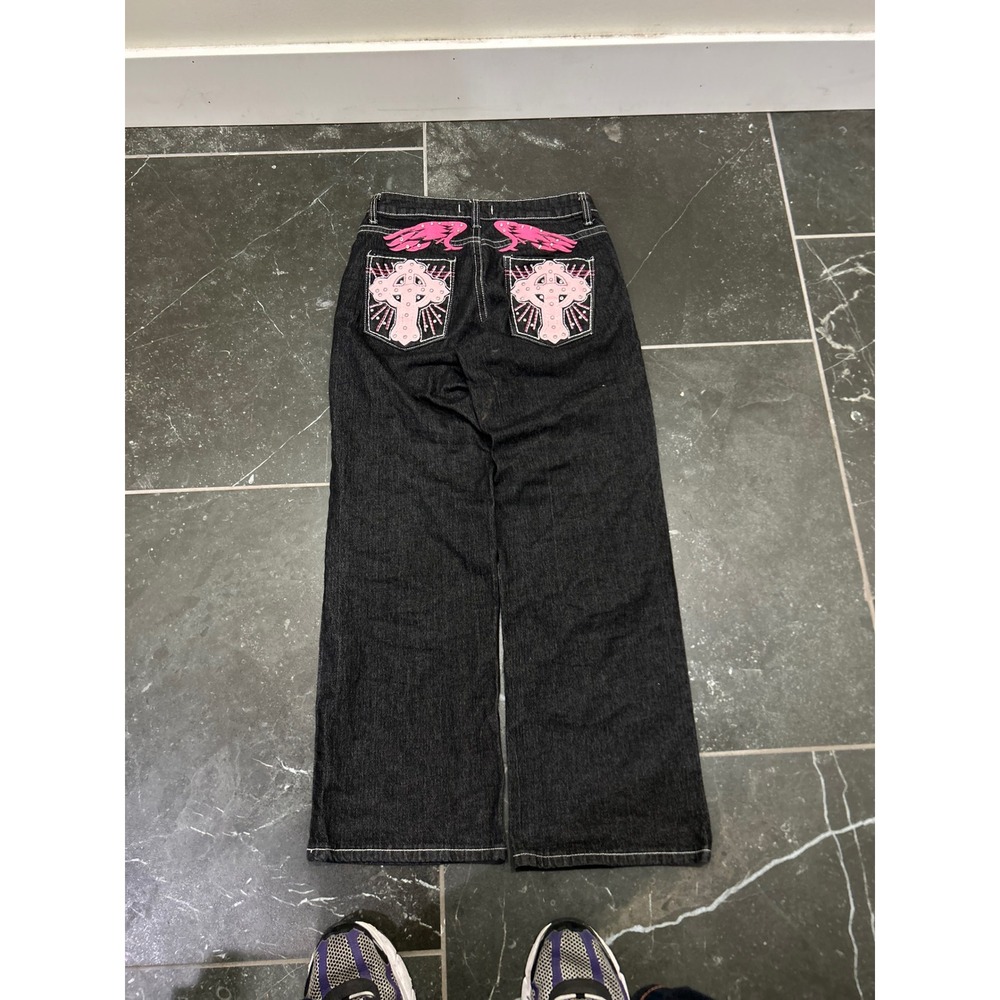 Disclosure Womens Wide Leg Jeans Black Pink Celtic Cross Studded Y2K Size 1/25 - Picture 1 of 3